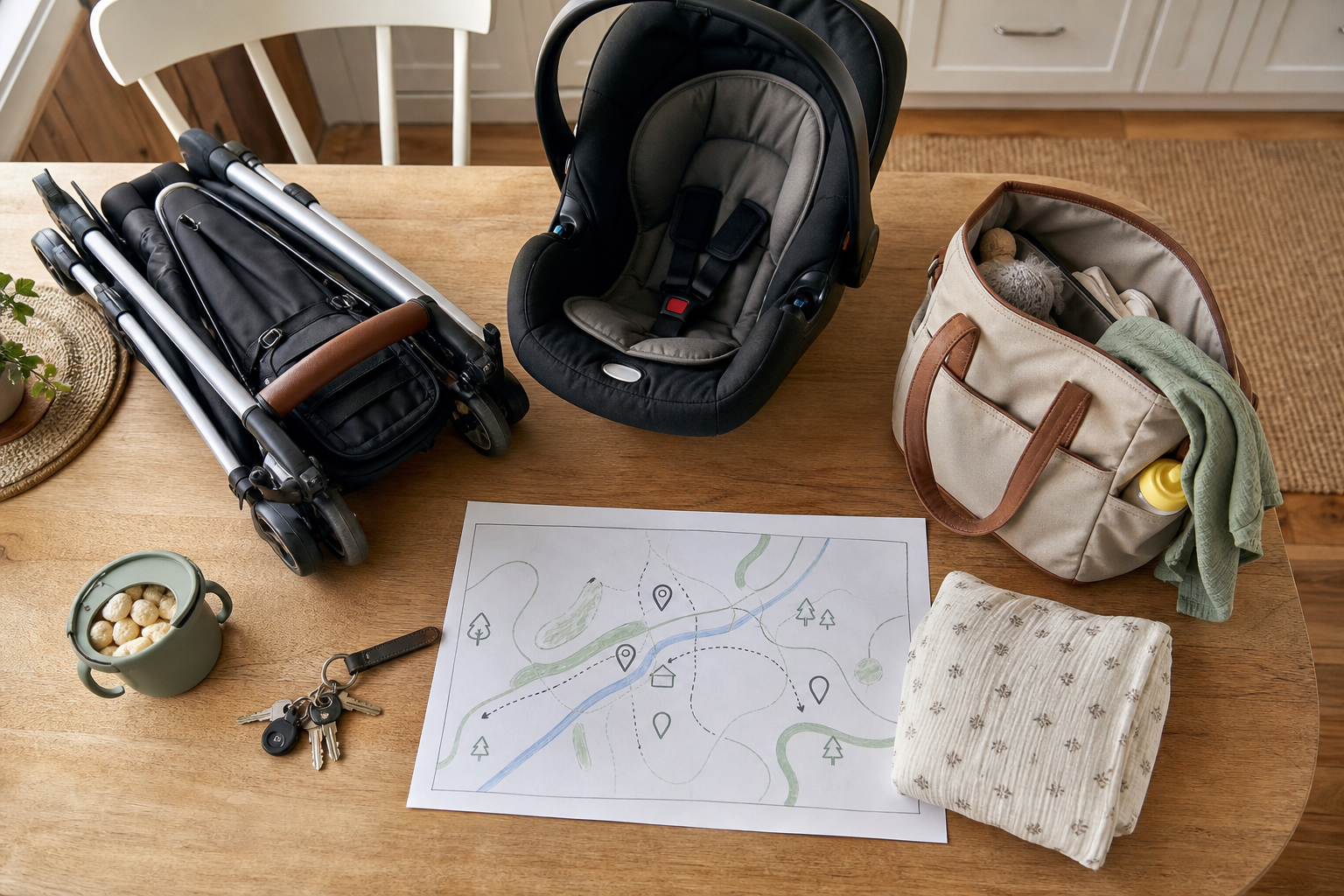 A stroller frame, infant carrier, diaper bag, keys, and child items are arranged on a kitchen table for planning a family routine.