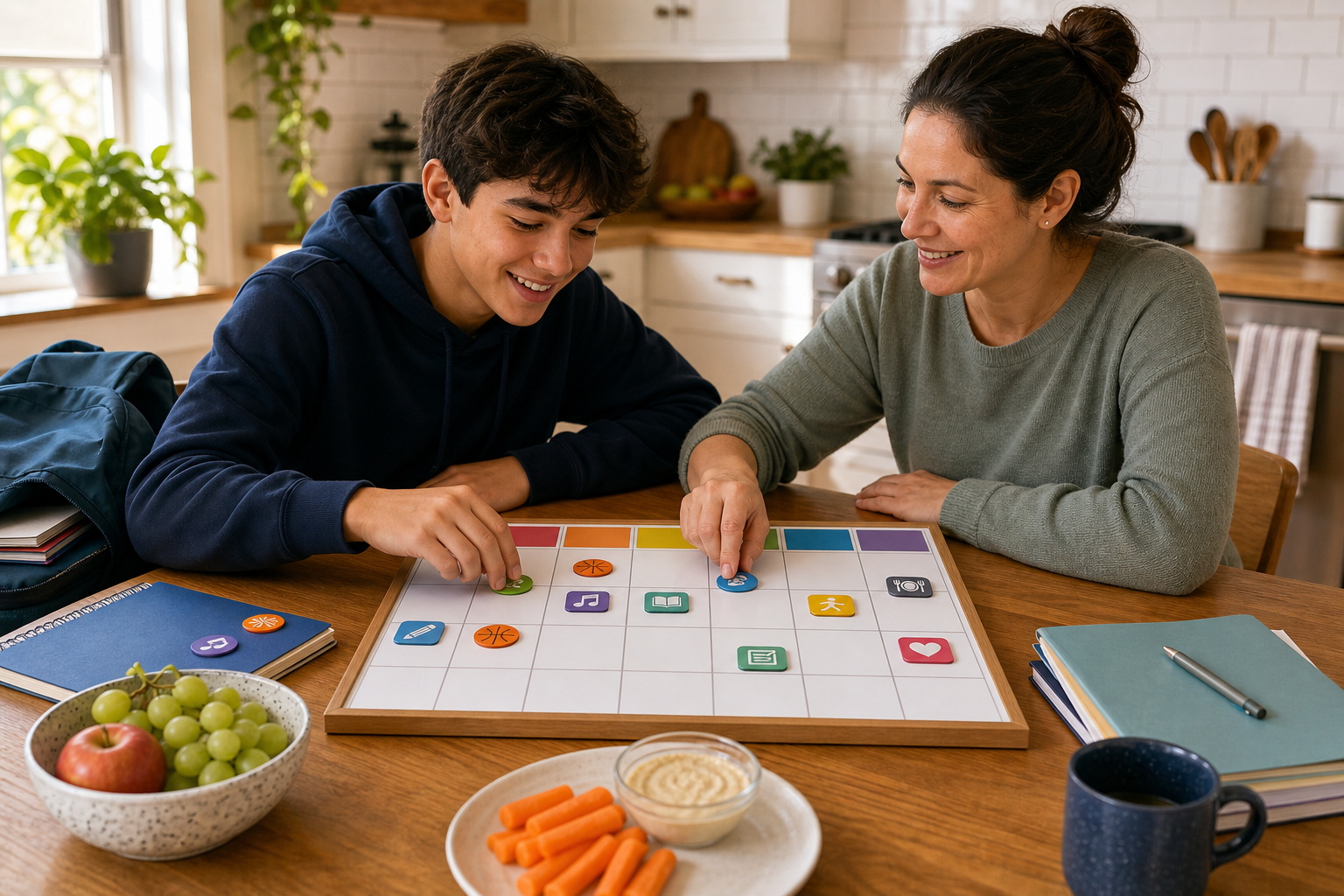 A teenager and parent rearrange colored pieces on a blank planning board at a kitchen table.