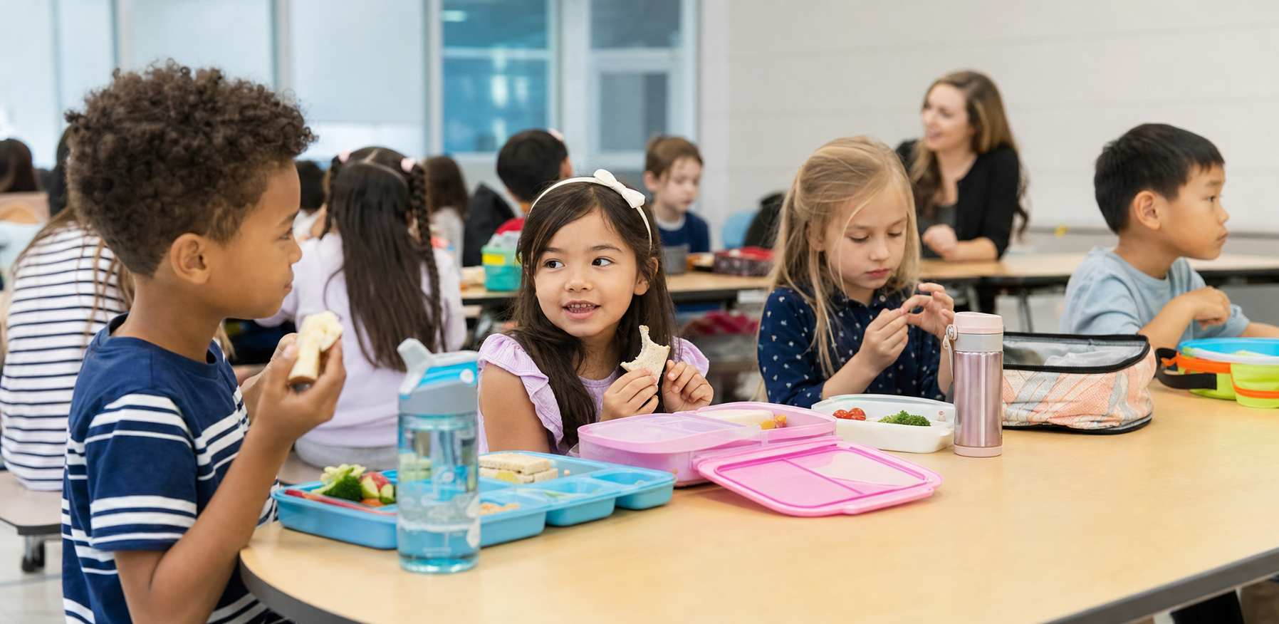 Children sitting together at a school cafeteria table with lunchboxes and trays during lunch.
