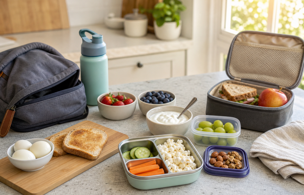 A kitchen counter with breakfast foods, snack containers, a lunchbox, a backpack, and a water bottle arranged for a school morning.