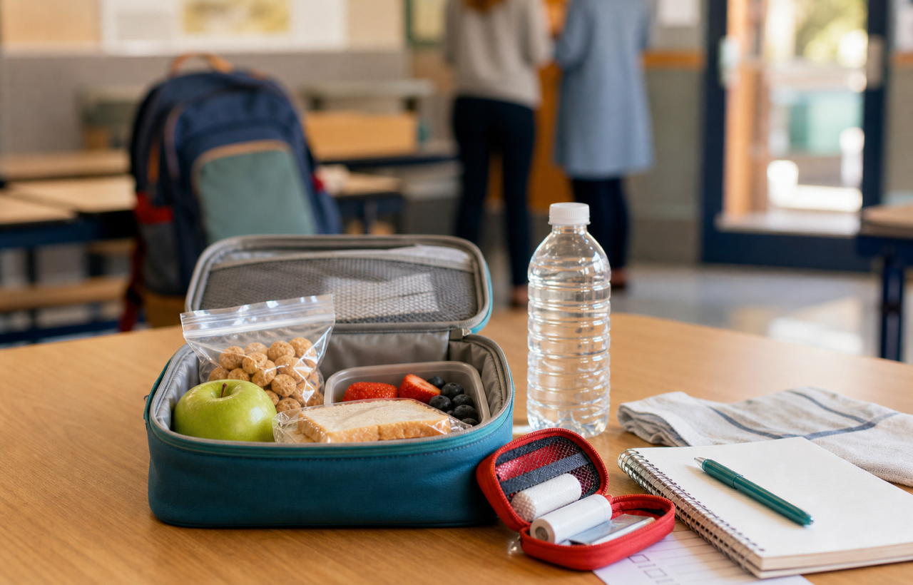 A school lunchbox with snacks and an emergency medication pouch on a cafeteria table.