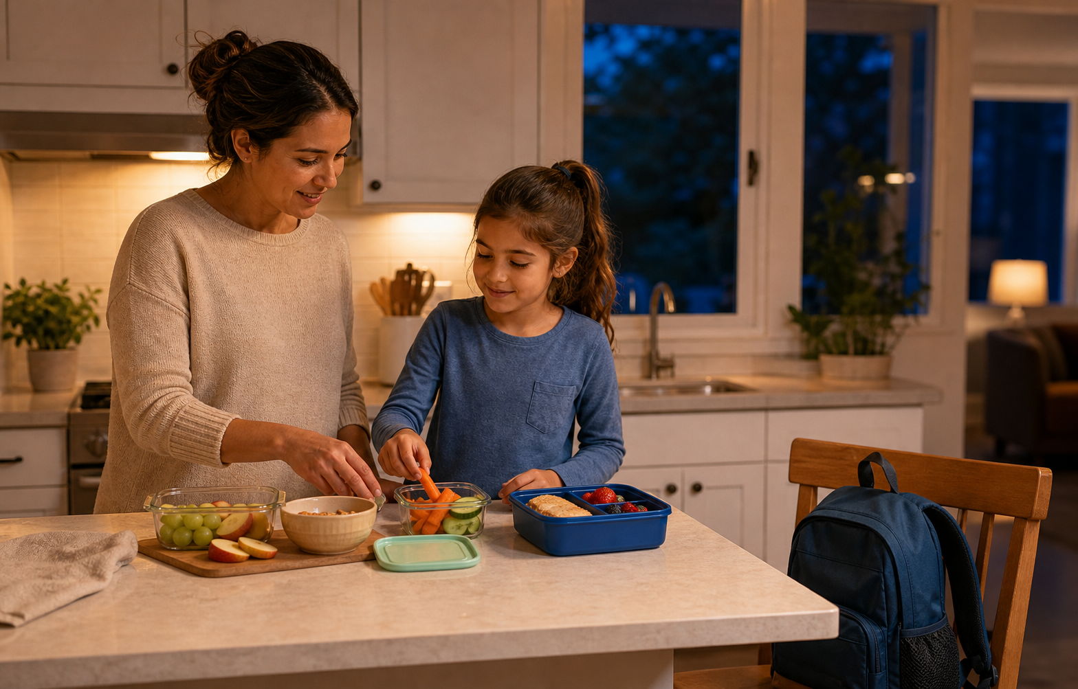 A parent and child choosing lunch and snack items together at a kitchen counter.