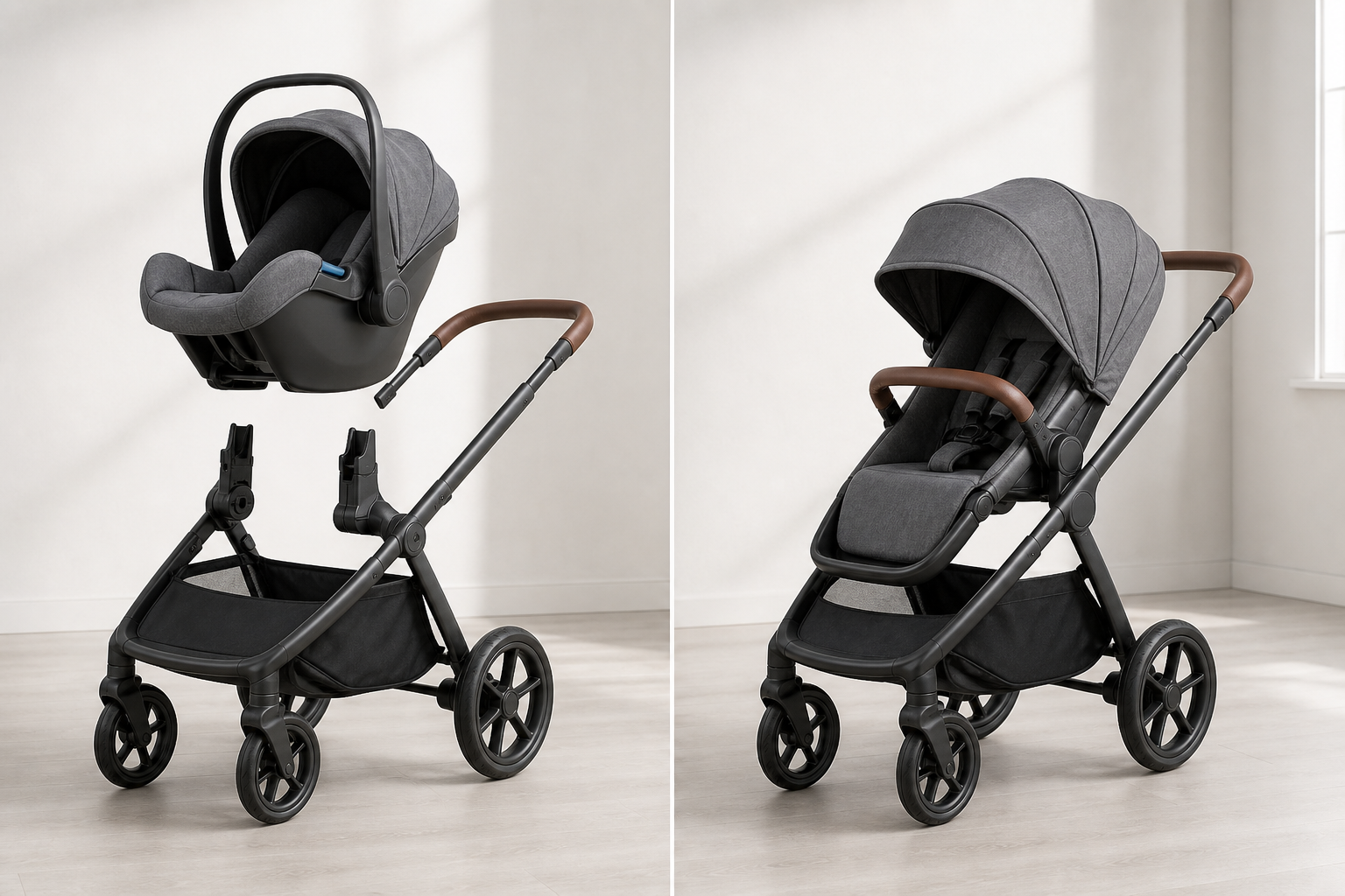 An infant car seat and toddler seat are shown with a modular stroller frame to illustrate fit and compatibility.