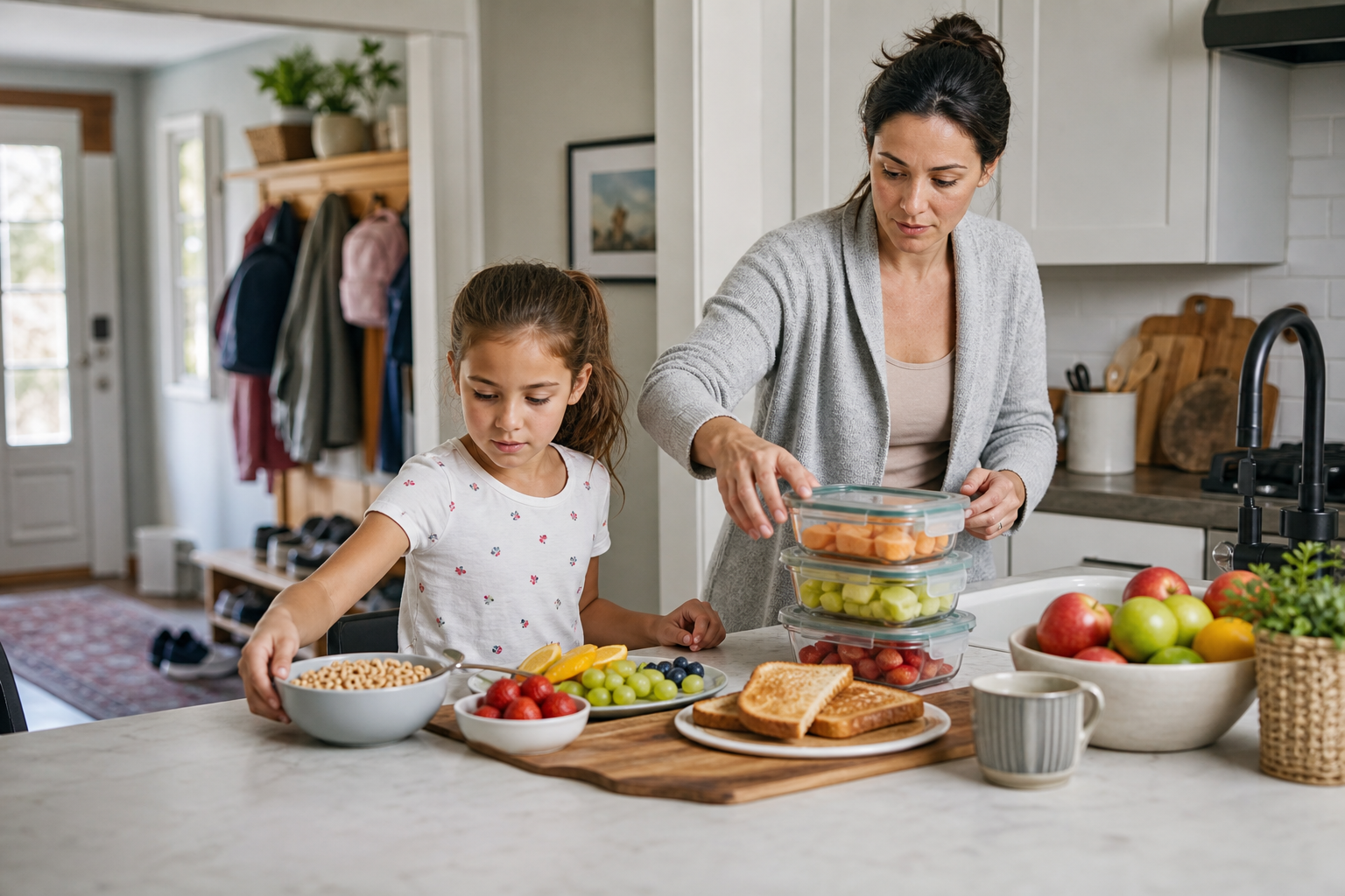 An adult and child preparing breakfast at a kitchen island with familiar foods and school items nearby.
