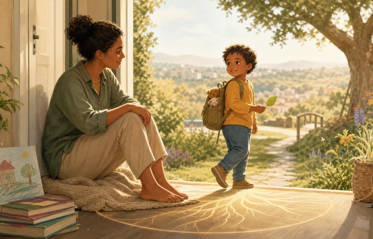 Parent watches young child confidently explore from a sunlit doorway