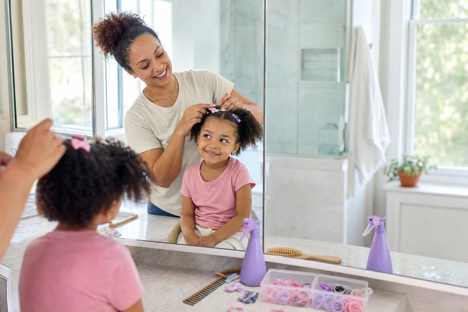 A caregiver helps a child try a simple school-day hairstyle using clips and hair tools in a bathroom mirror.