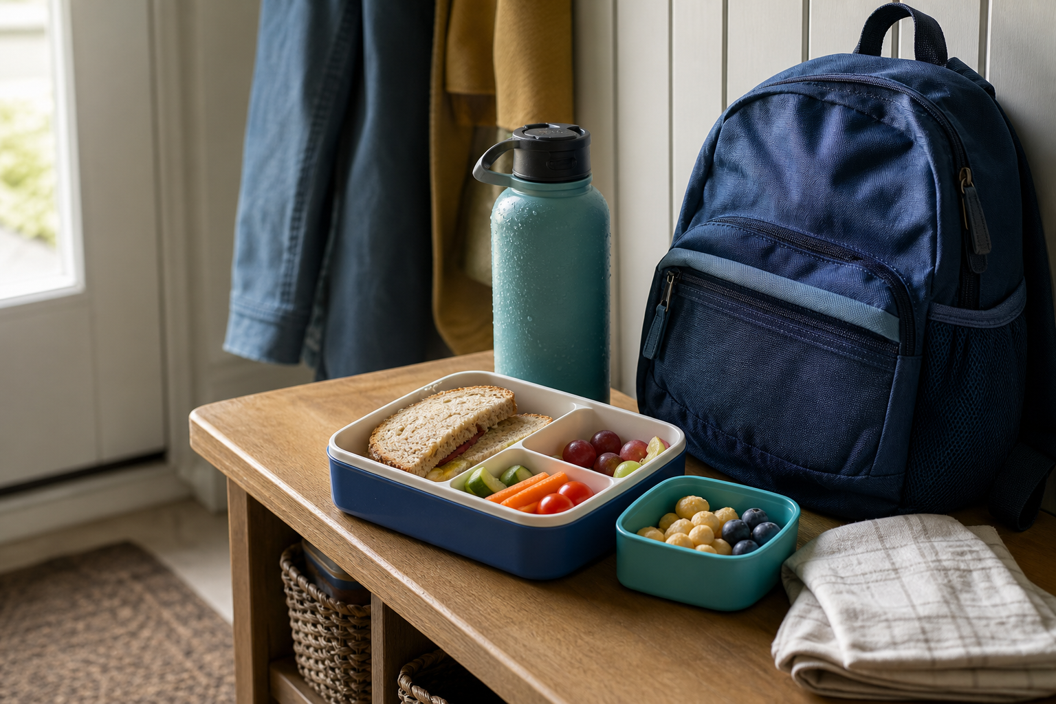 A lunchbox, snack container, water bottle, napkin, and backpack arranged on a bench by a doorway.