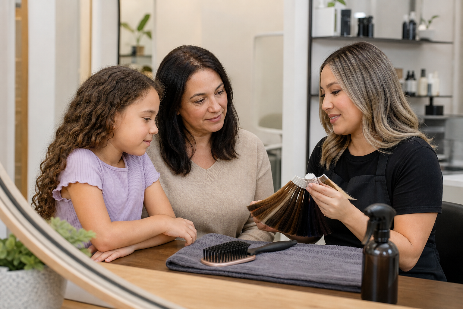 A child, caregiver, and stylist discuss hair options together in a clean salon before any treatment begins.