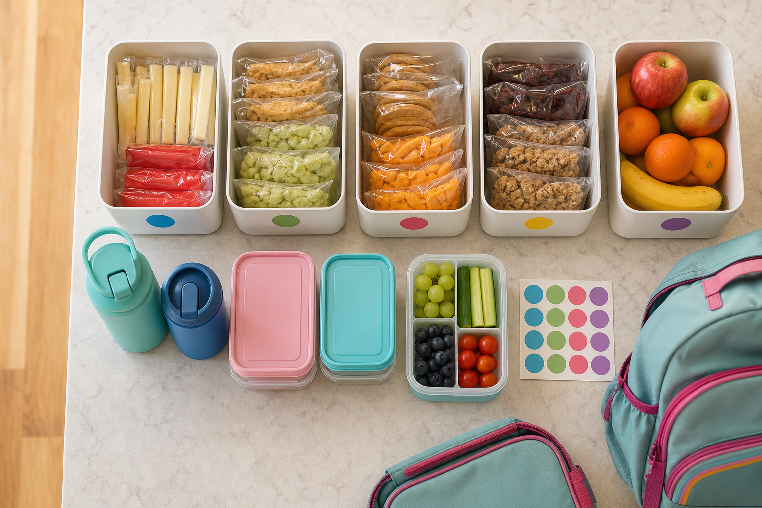 An organized home snack station with bins, fruit, containers, a lunchbox, and a backpack.