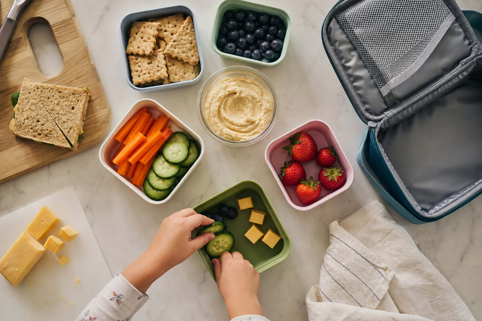Lunch components such as crackers, cheese, vegetables, fruit, hummus, and a sandwich arranged beside an open lunchbox.