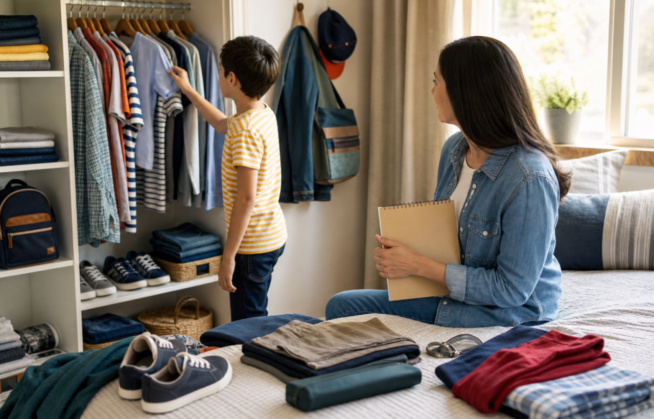A child and parent sort back-to-school clothes and accessories in a bedroom with an open closet and folded outfits.