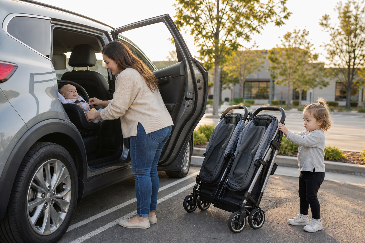 An adult buckles an infant into a rear-facing car seat while a folded double stroller and toddler are nearby.