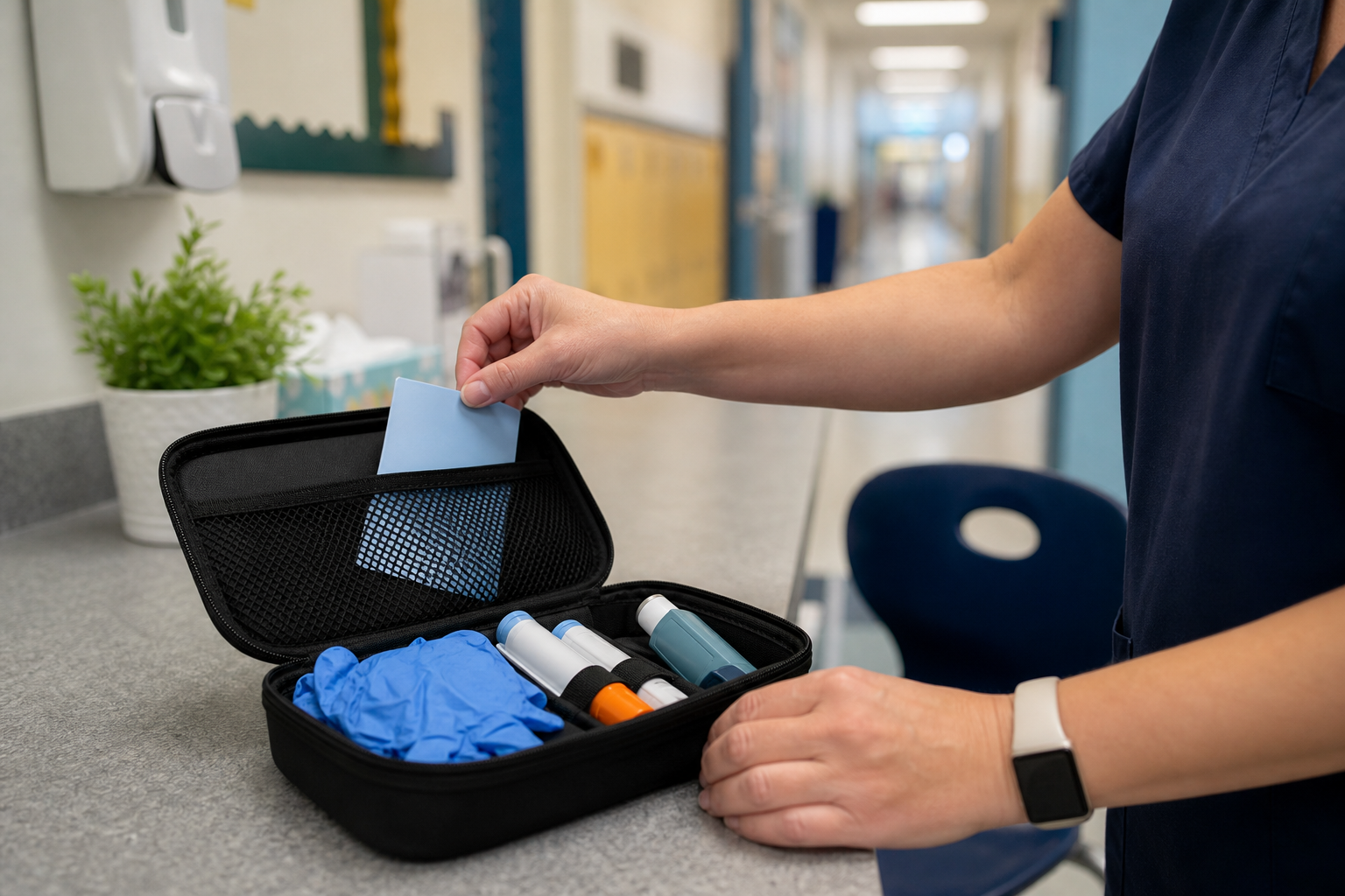 A school nurse arranges an allergy emergency kit with generic medication devices in an office.