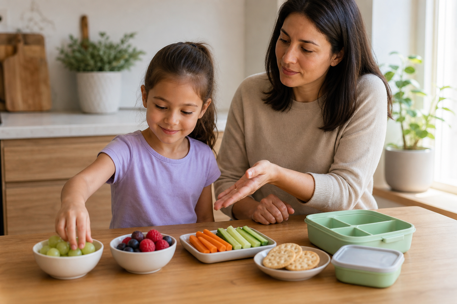 A child helps choose and pack snacks from a small set of bowls and reusable containers at a kitchen table.