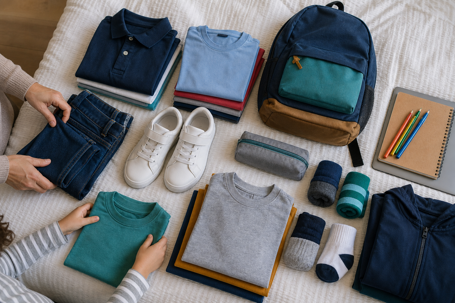Folded school clothes, shoes, a backpack, and accessories are sorted into groups on a bed.