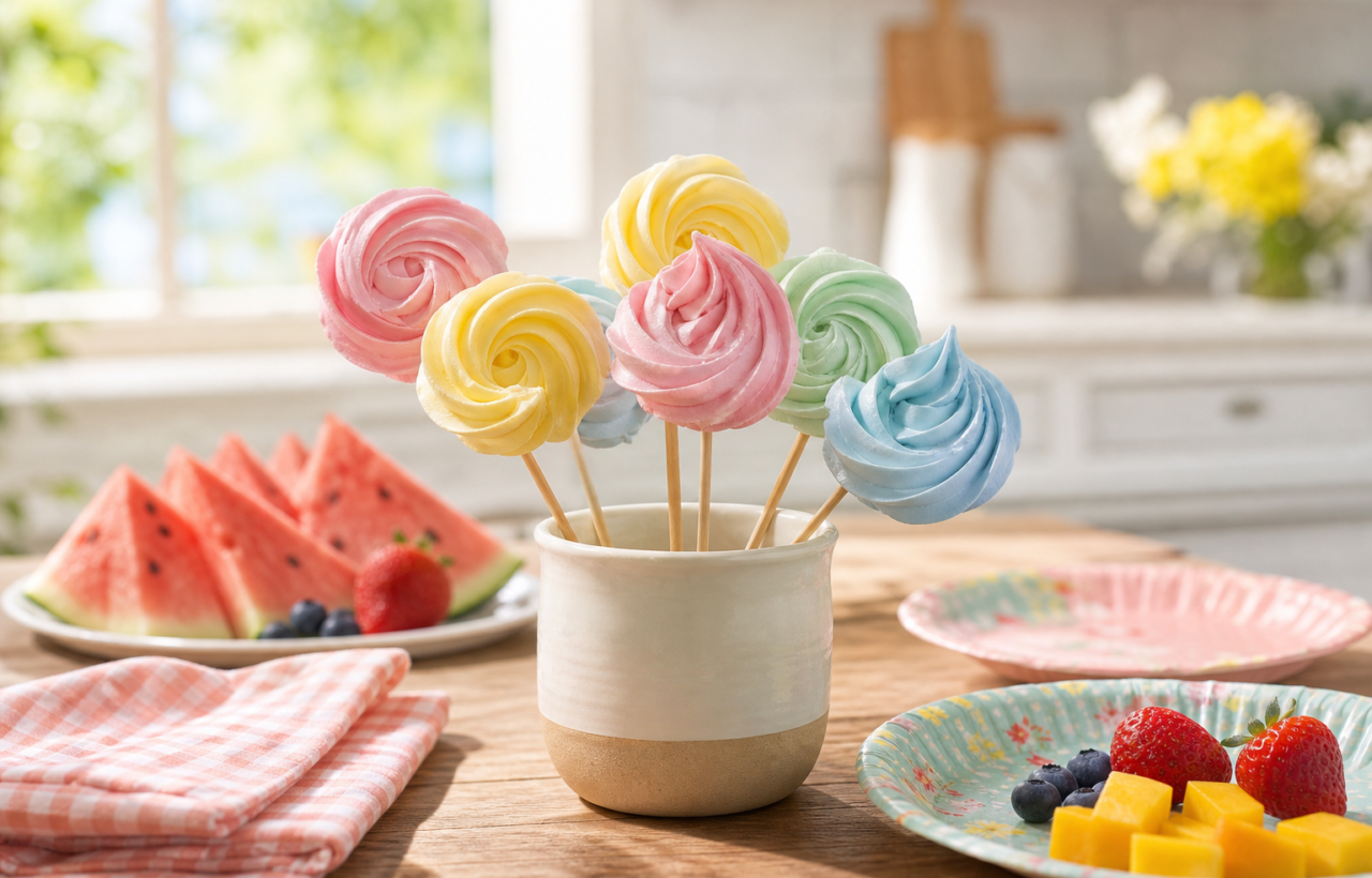 Pastel meringue pops in a cup on a sunlit kitchen table with fruit and small plates nearby.