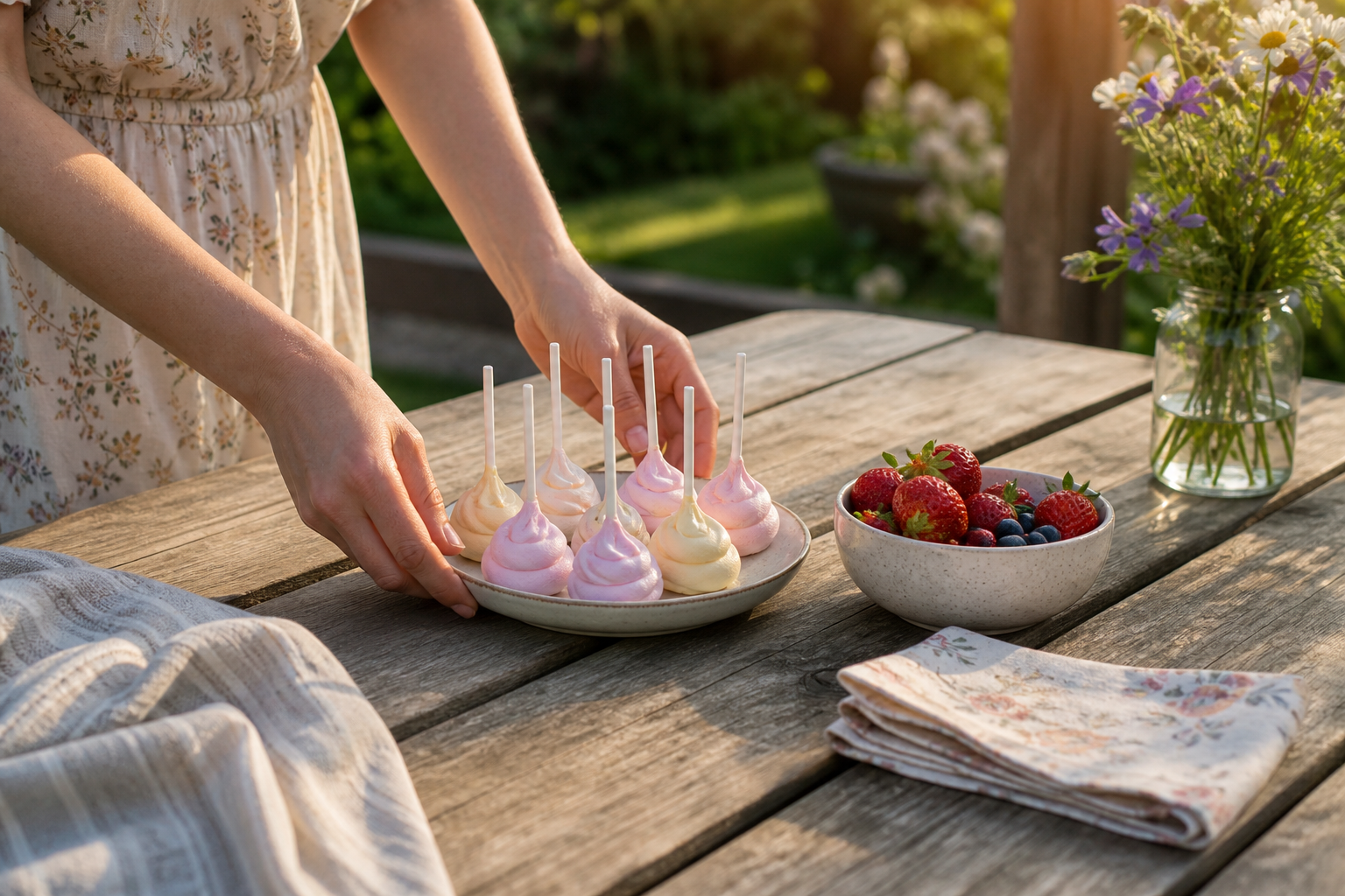 A small tray of pastel meringue pops served with berries on an outdoor picnic table.