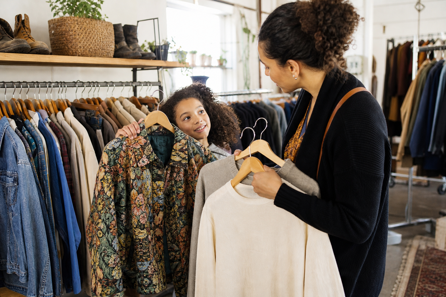 A child and parent look through clothing racks in a secondhand shop and consider a patterned jacket.