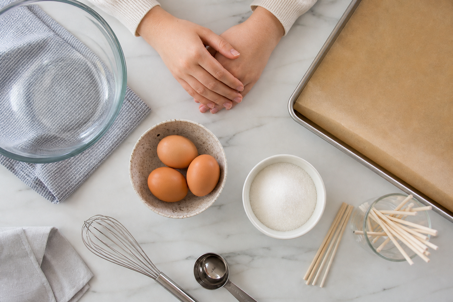 Eggs, sugar, wooden sticks, parchment paper, and a mixing bowl arranged on a kitchen counter for making meringue pops.