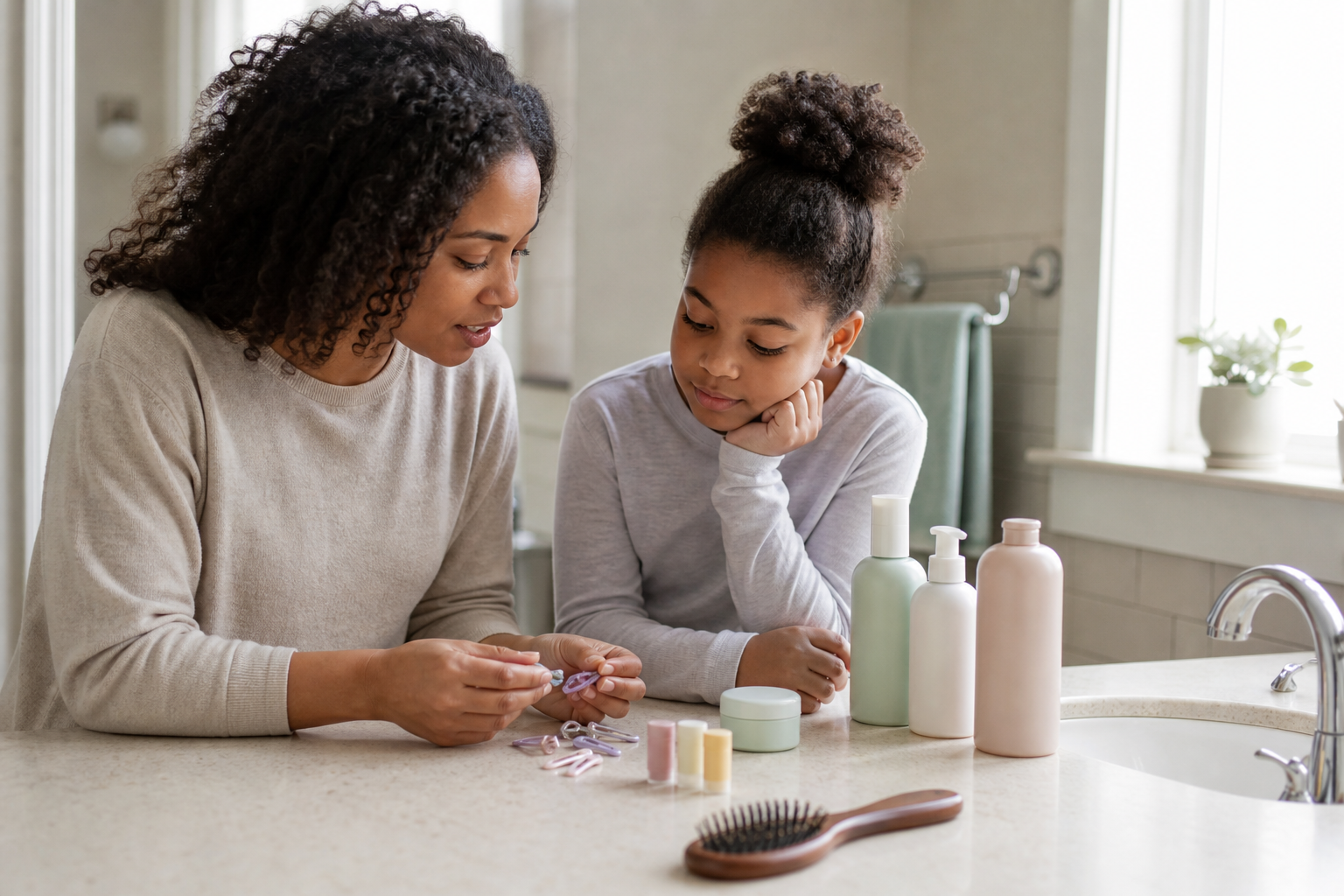 A parent and child sit near a bathroom counter with hair clips, lip balm, skincare bottles, and a hairbrush.