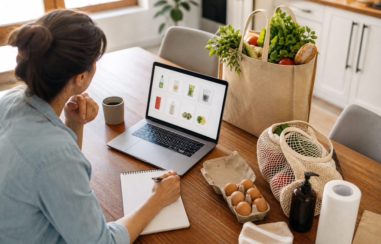 A parent reviews shopping plans at a kitchen table with groceries, reusable bags, a laptop, and blank checklist pages.