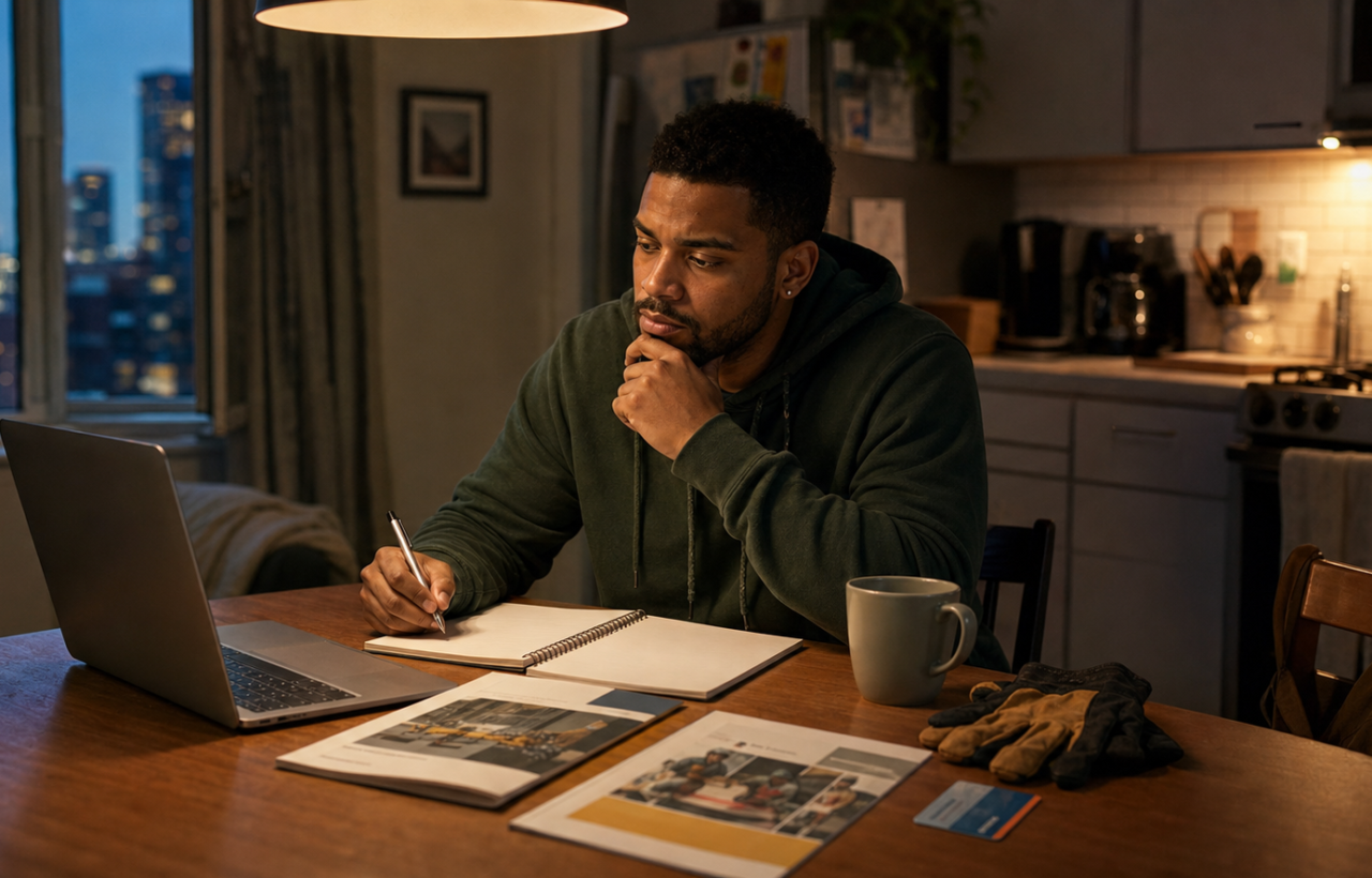 Adult learner reviews training program materials and job listings at a kitchen table in the evening.