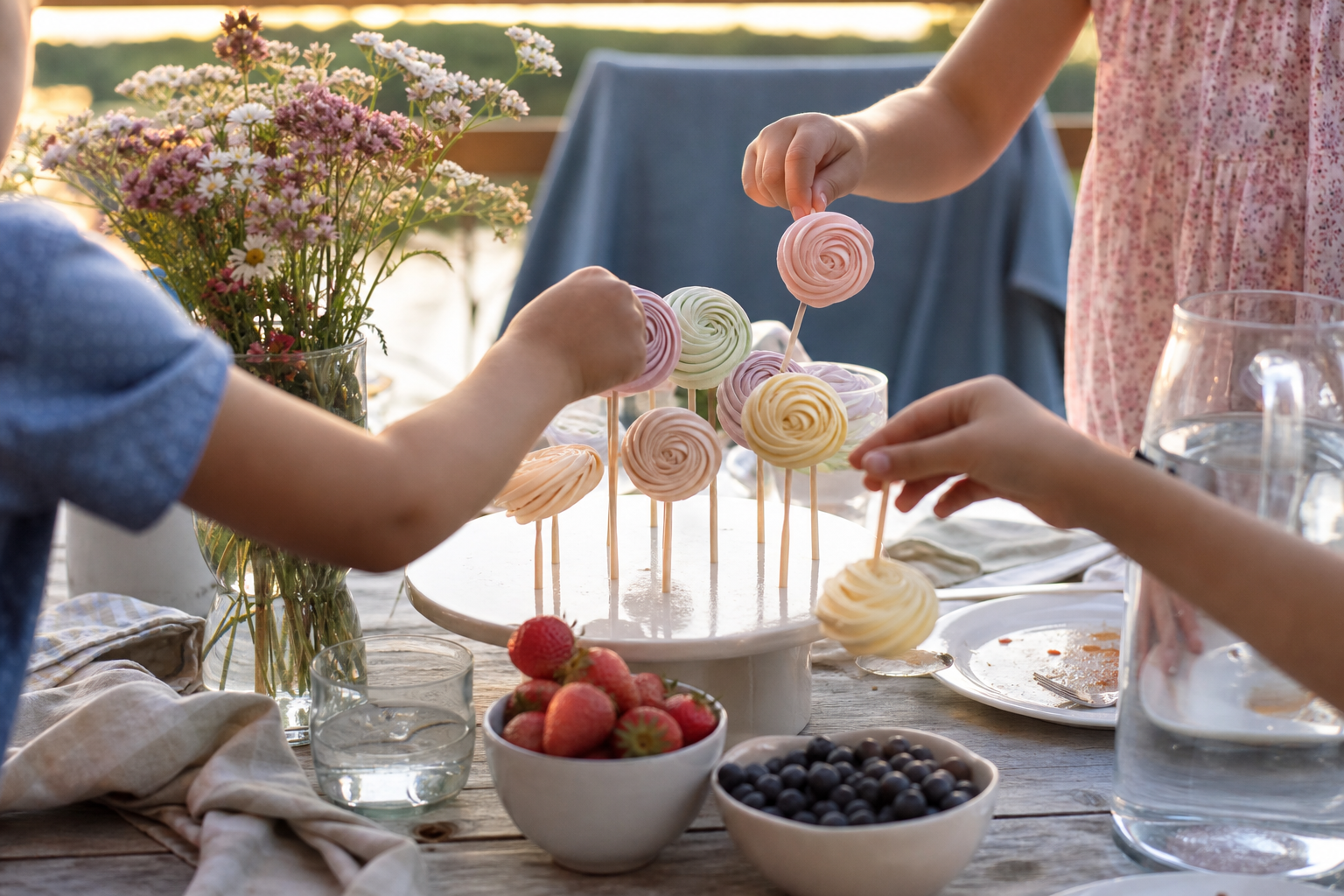 Children's hands selecting pastel meringue pops from a simple stand on a family table.
