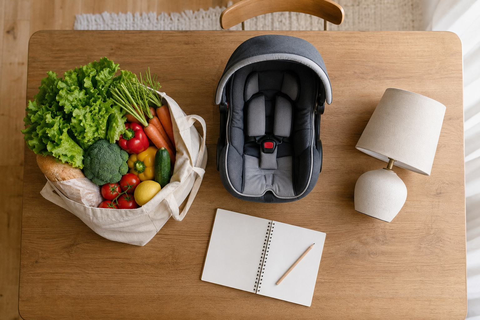 Groceries, family gear, and home goods are arranged separately on a table beside a blank notepad and pencil.