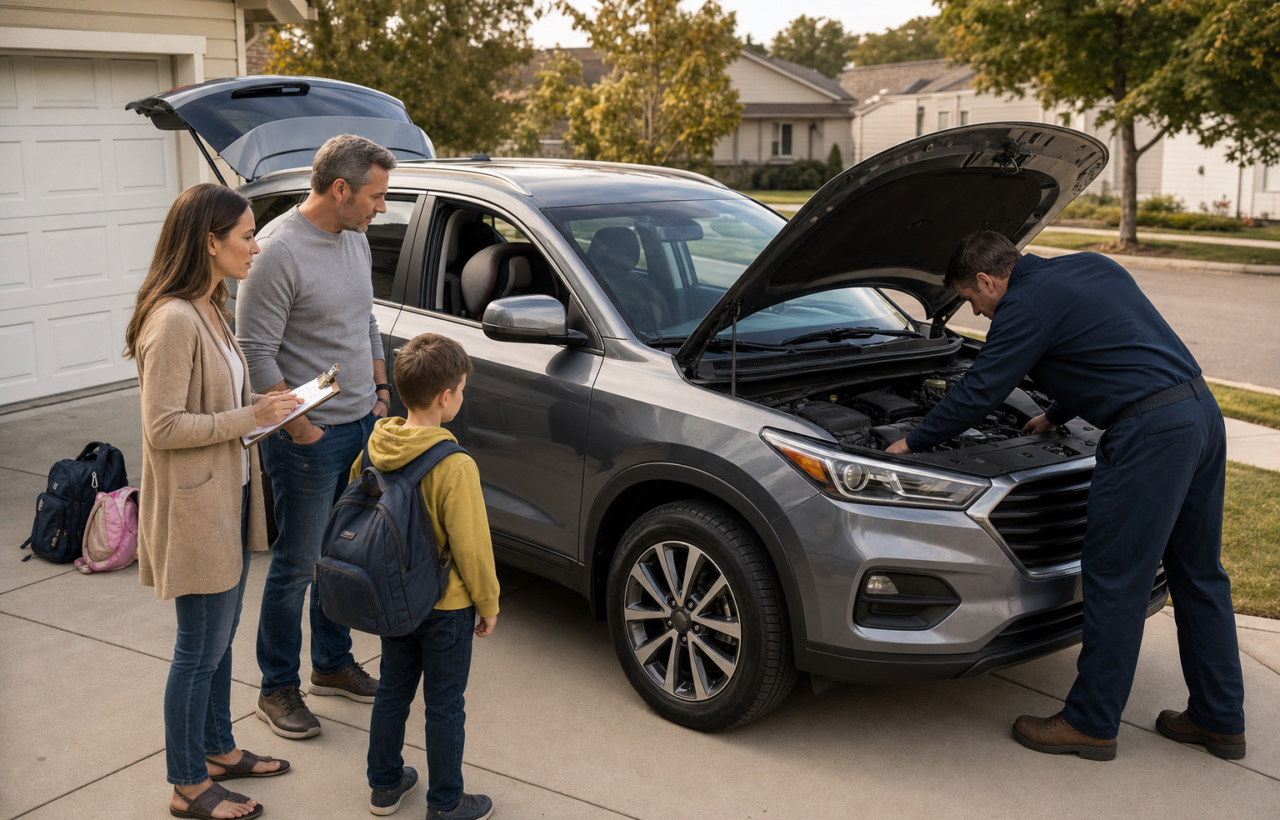 A family and mechanic inspect the open hood of a used family SUV in a driveway.