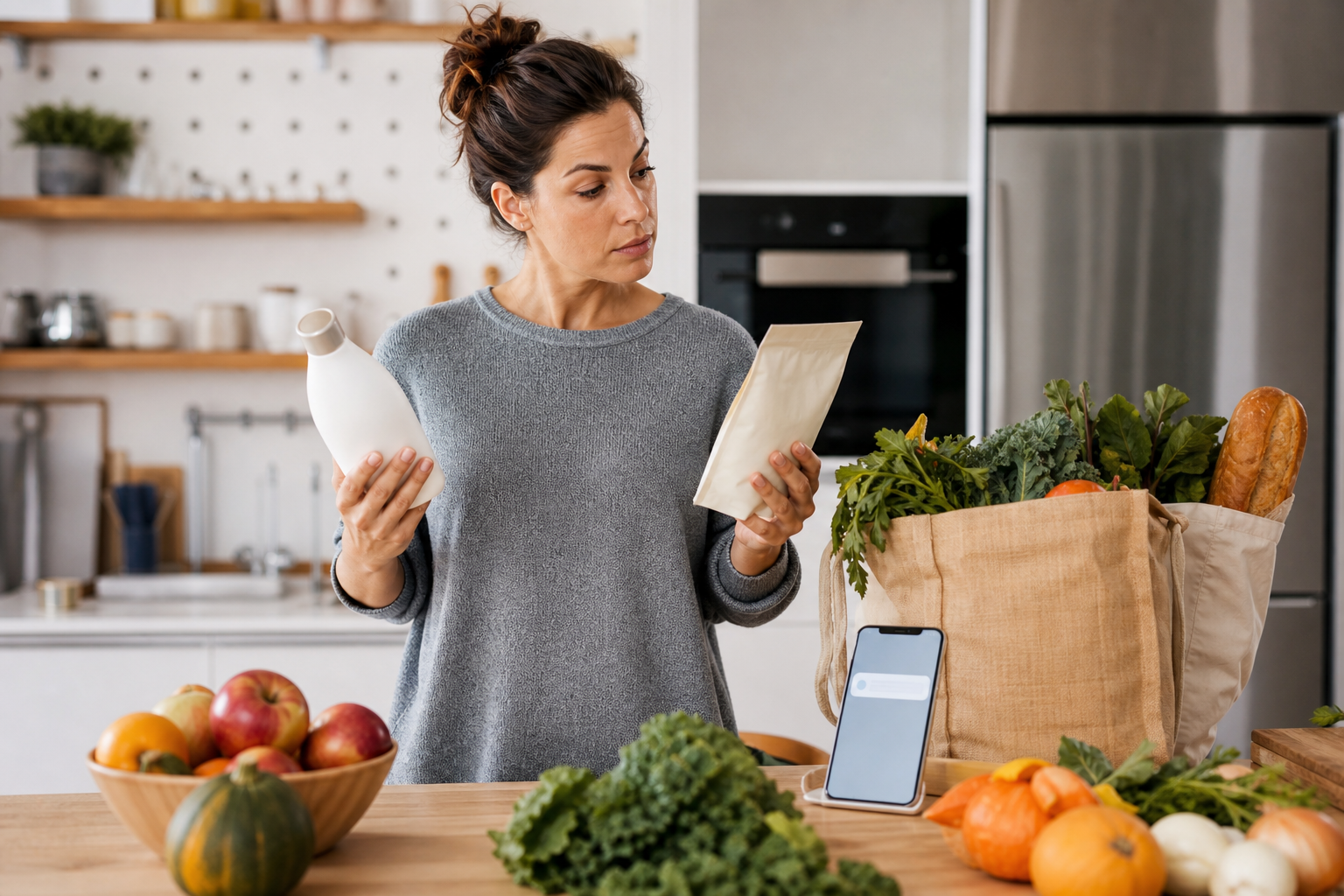 A parent compares two household items in a kitchen while a phone with a blank screen sits nearby.