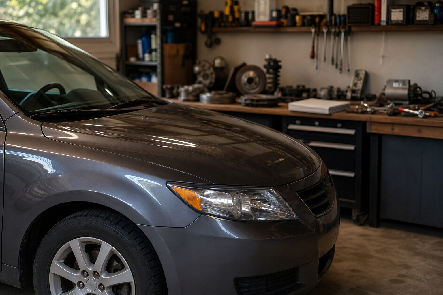 A used family car sits in a garage near tools, replacement parts, and blank paperwork.