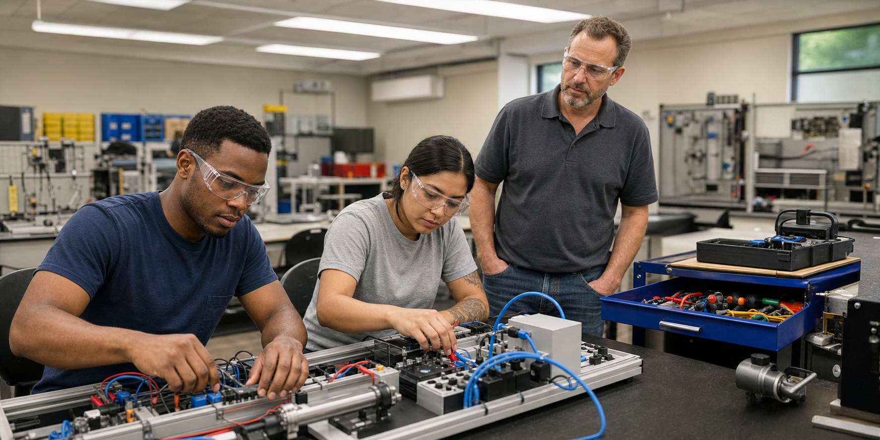 Adult students practice hands-on skills with an instructor in a training lab.