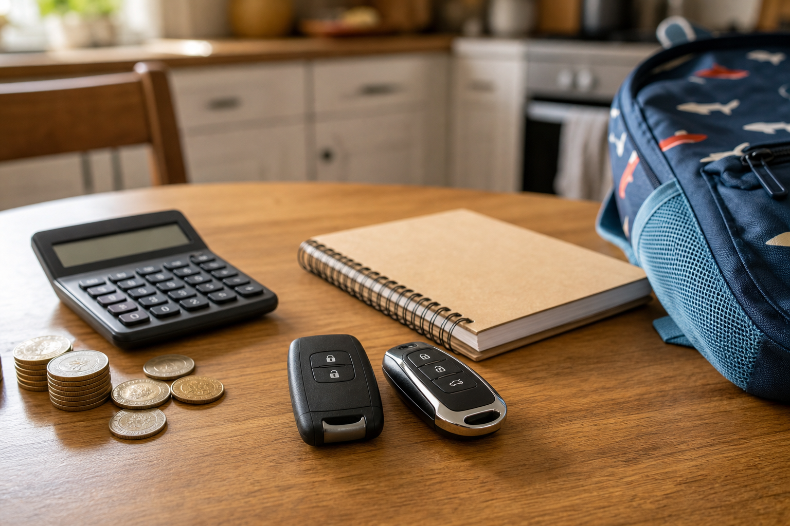 Two unbranded car key fobs sit on a kitchen table with a calculator, coins, notebook, and backpack.