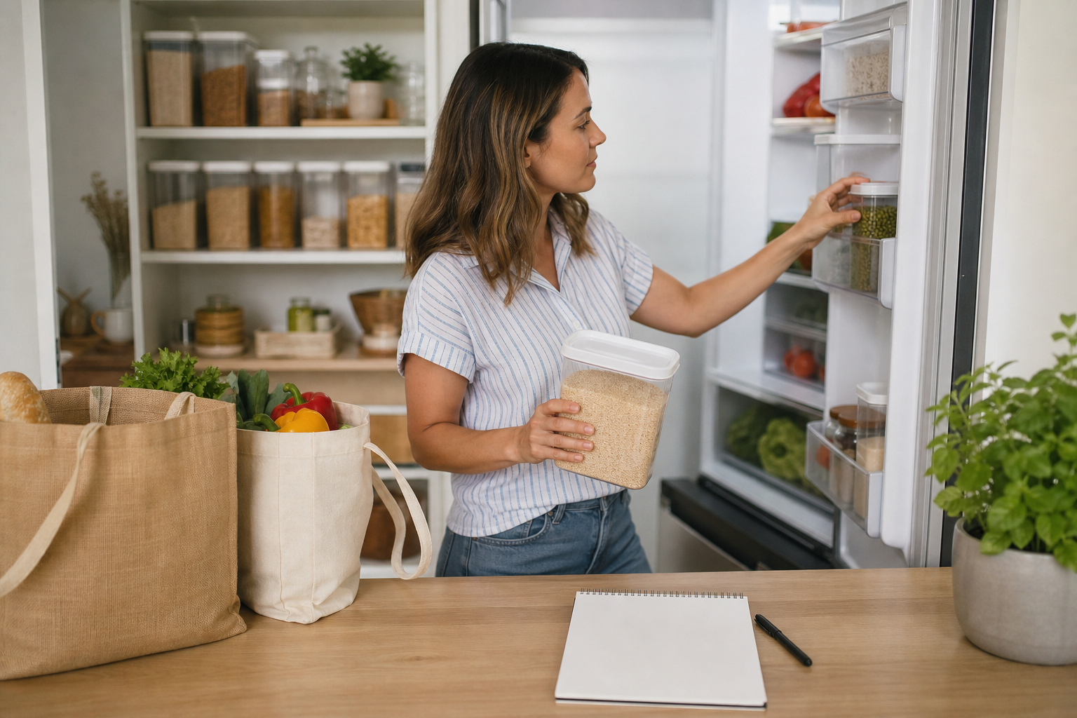A person checks pantry and refrigerator supplies before making a family shopping plan.