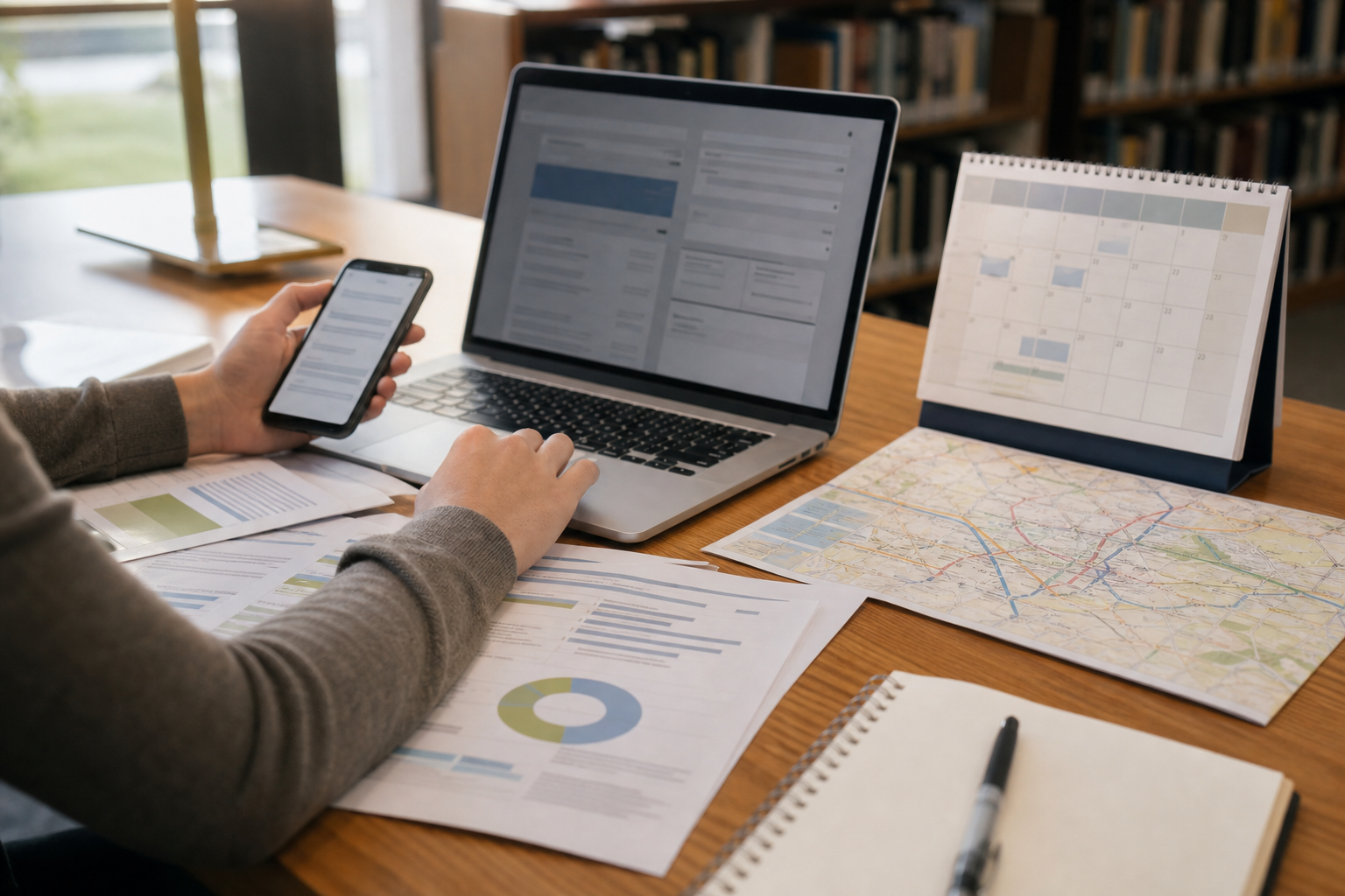 A person compares documents, a laptop, a phone, and a transit map while researching a training program.