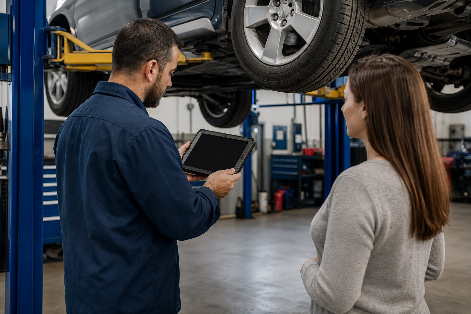 A mechanic performs a pre-purchase inspection on a family car while a parent observes in a repair bay.