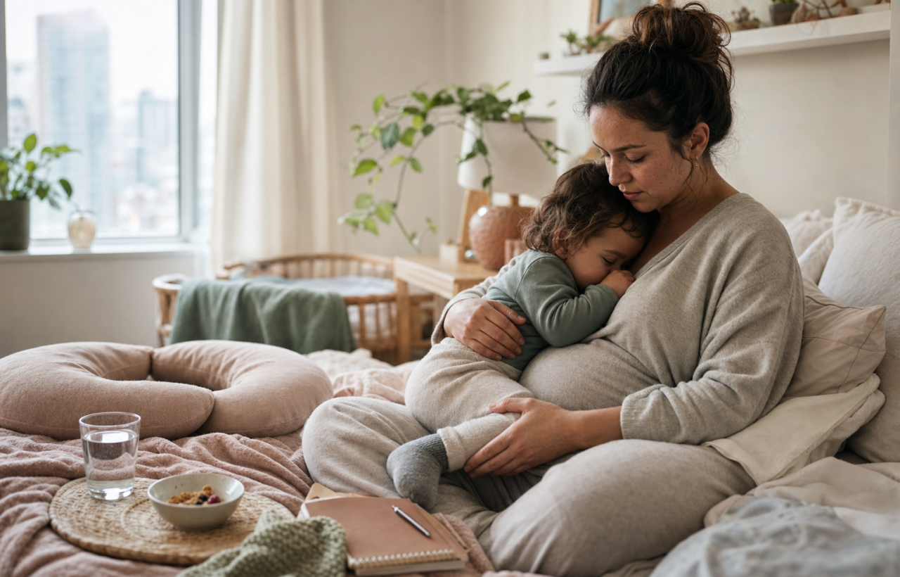 Mother cuddling a toddler in a softly lit bedroom after breastfeeding, with self-care items nearby.