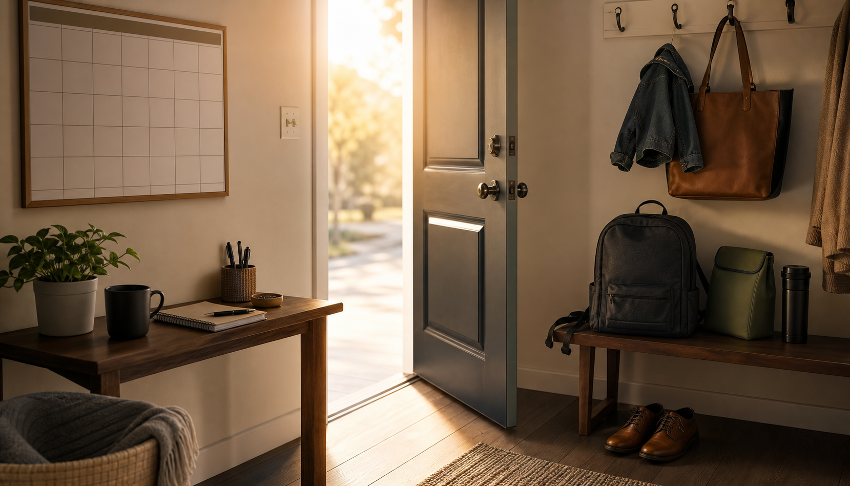 Backpack, work shoes, lunch bag, and family items sit by an apartment doorway in morning light.