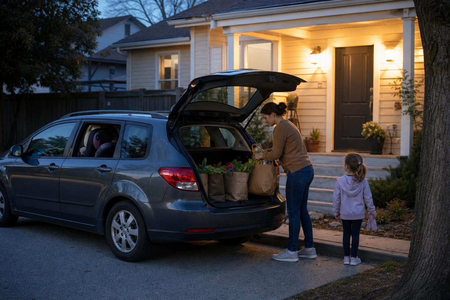 A modest family car is parked outside a home while groceries are loaded into the trunk at dusk.