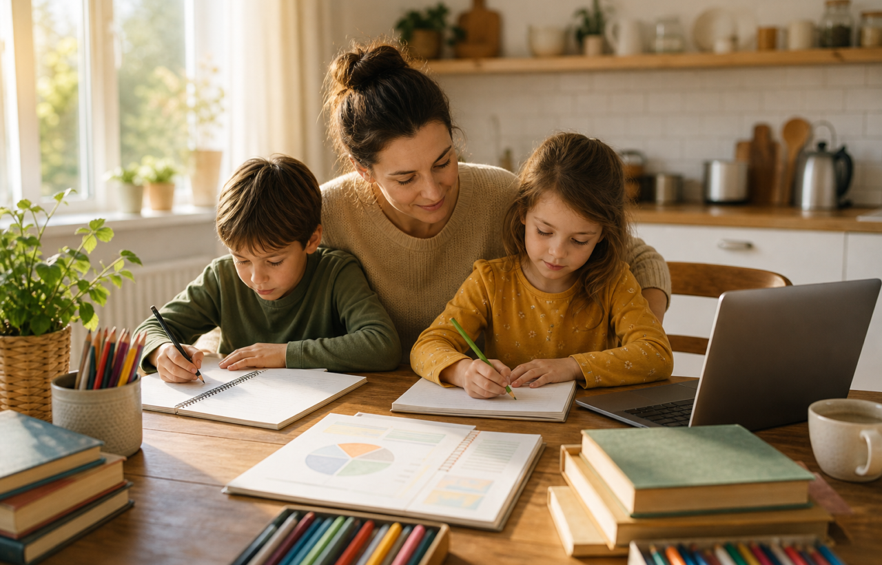 A parent and two children study at a kitchen table with books, school supplies, a laptop, and a household budget planner.