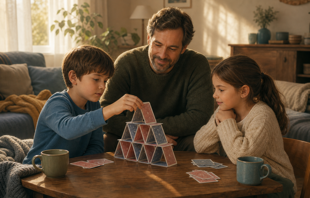 A parent and two children sit at a small table with playing cards arranged in a pyramid in a quiet living room.