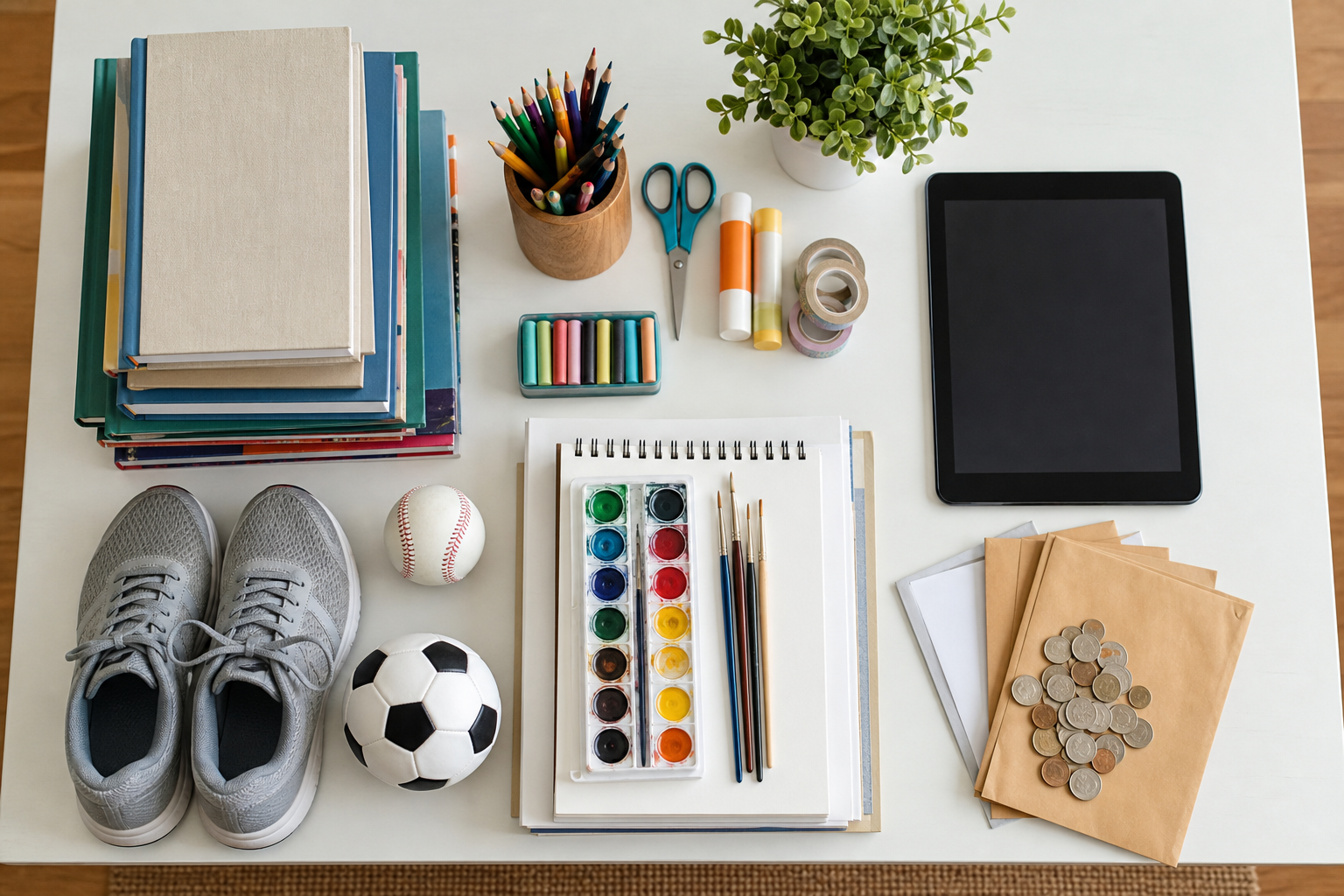 An overhead view of books, school supplies, a tablet, activity materials, and budget envelopes arranged on a desk.