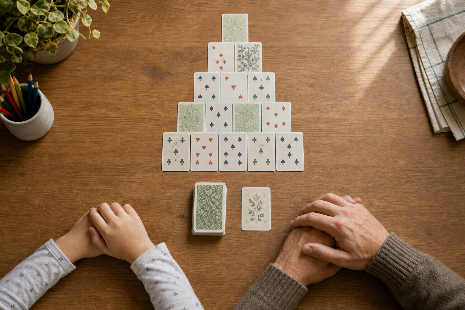 An overhead view of playing cards arranged in a pyramid on a wooden table with adult and child hands nearby.