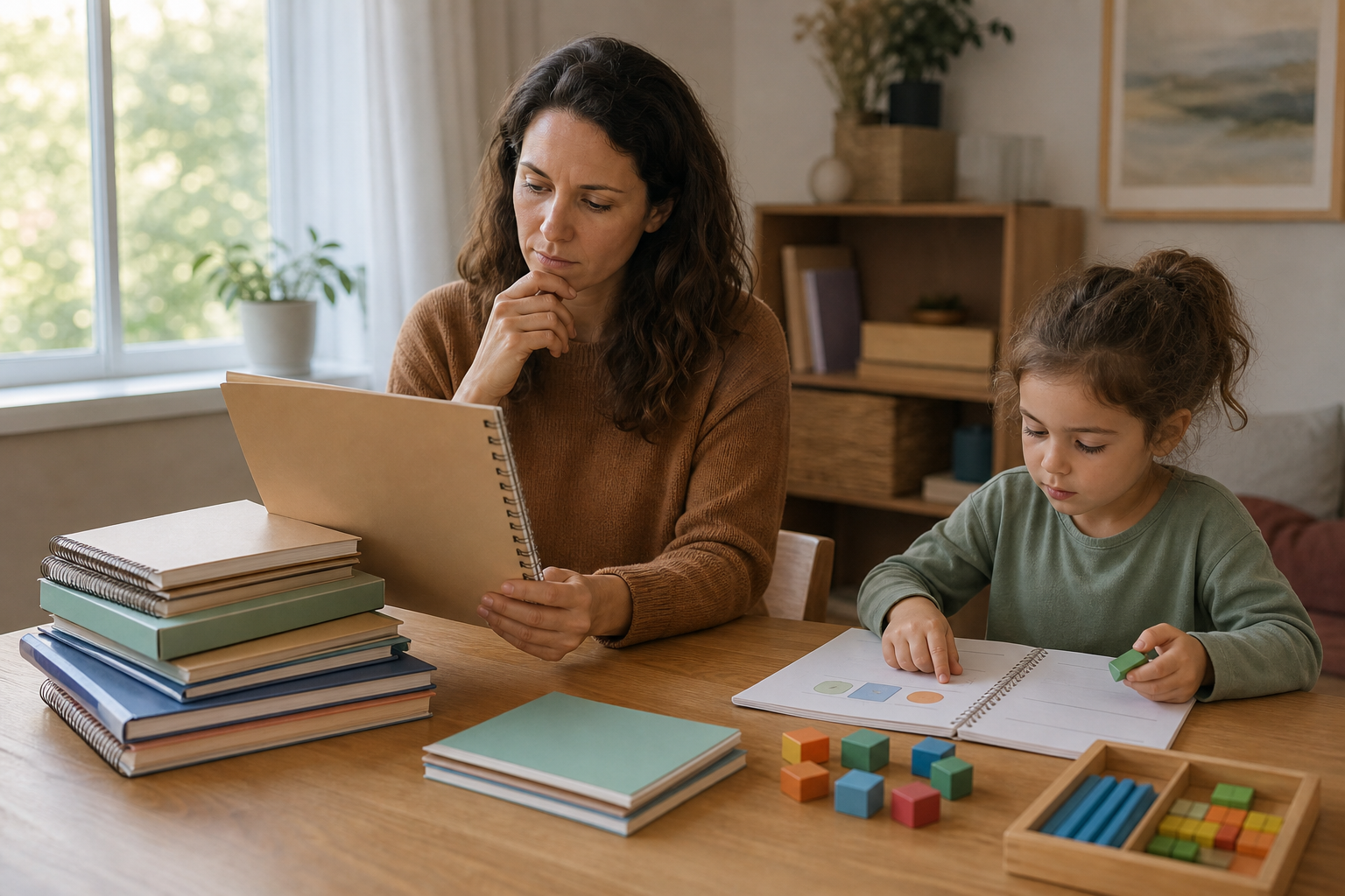 A parent reviews homeschool materials at a table while a child tries a workbook and hands-on learning tools.