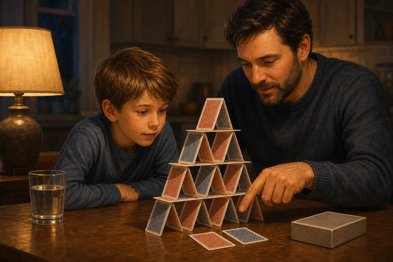 A child studies a pyramid of playing cards while an adult points toward the layout at a kitchen table.