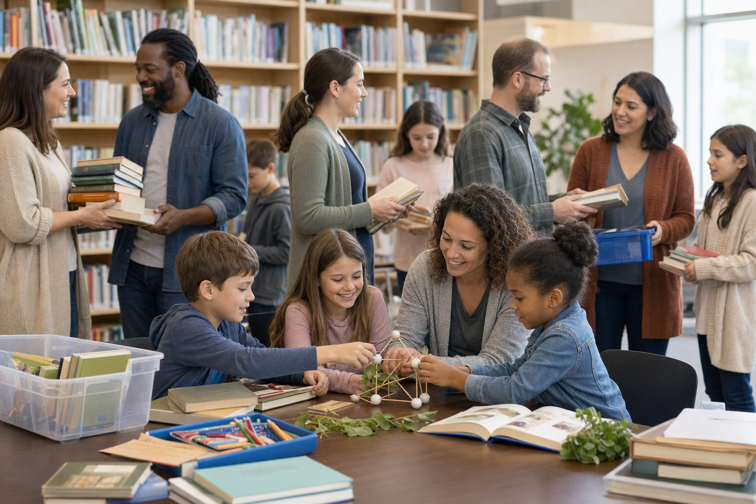 Families share books and supplies while children work together on a project in a library room.