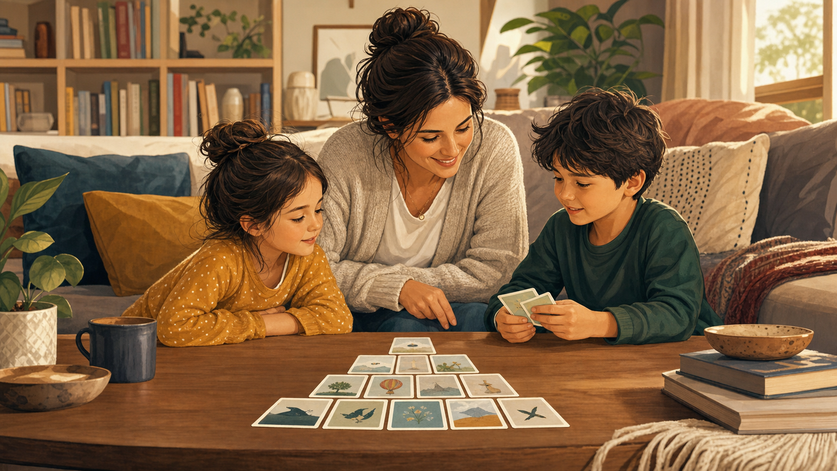 An adult and two children cooperate over a pyramid card layout on a low coffee table.