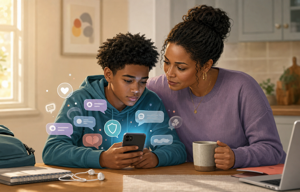 Parent and teen looking at a smartphone together with floating social media icons in a warm kitchen.
