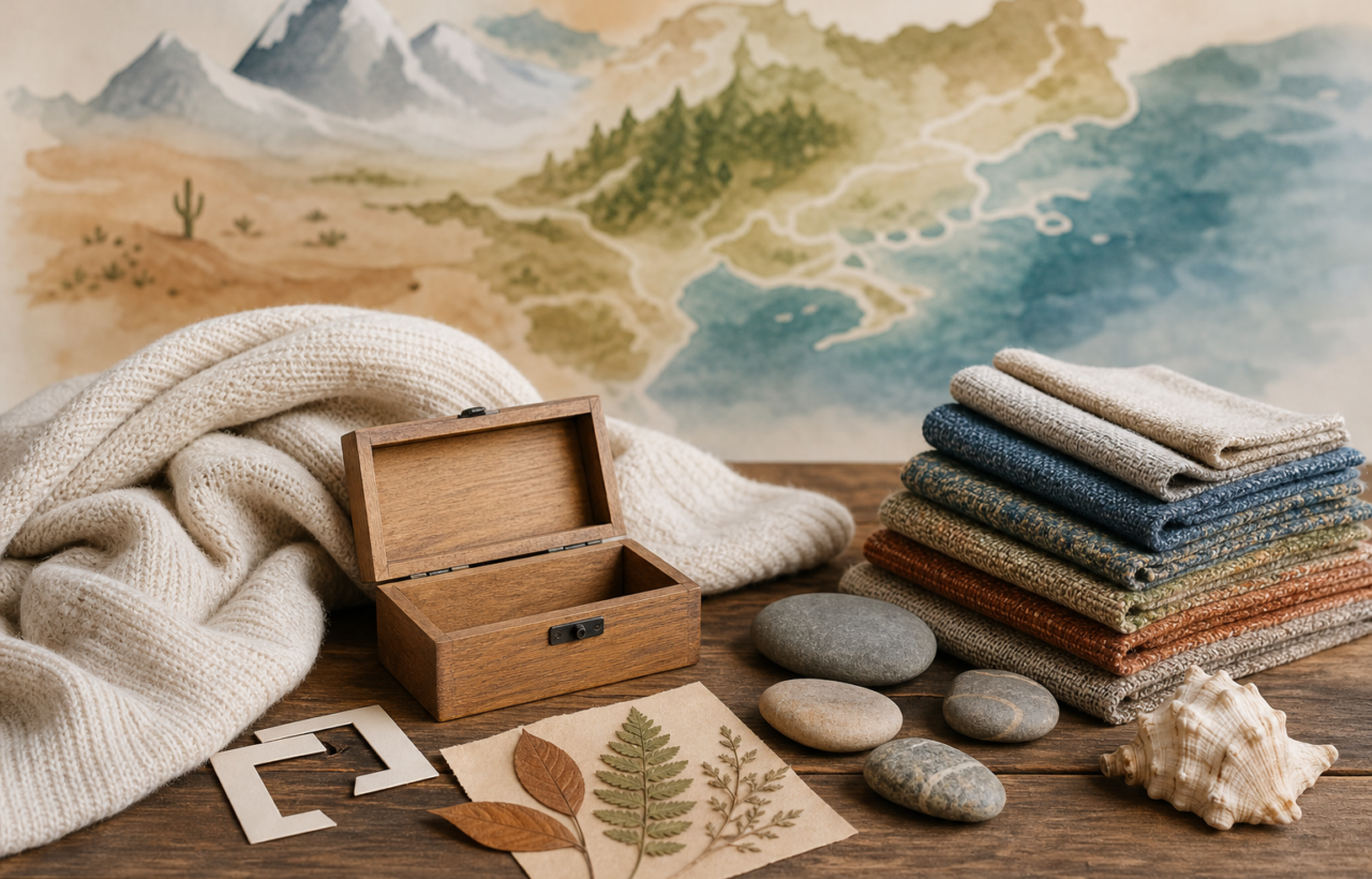 A newborn blanket, keepsakes, leaves, stones, a shell, and woven fabrics arranged beside an abstract map-like background.