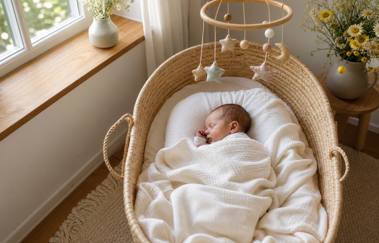 A sleeping newborn in a woven bassinet near a sunny window with a star and moon mobile and yellow flowers nearby.